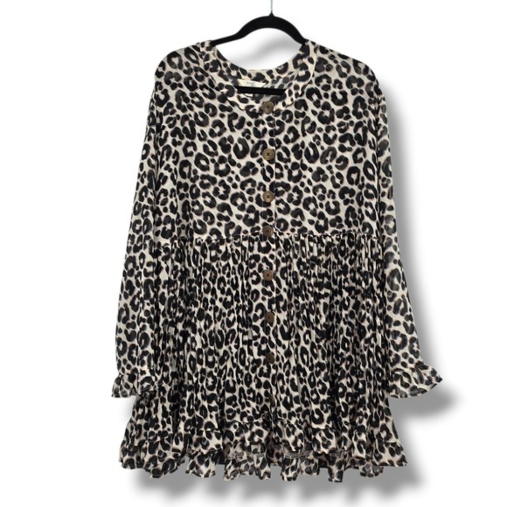 Terra & Sky Womens Leopard Print Button Front Babydoll Blouse Ruffle Hem Top 1X